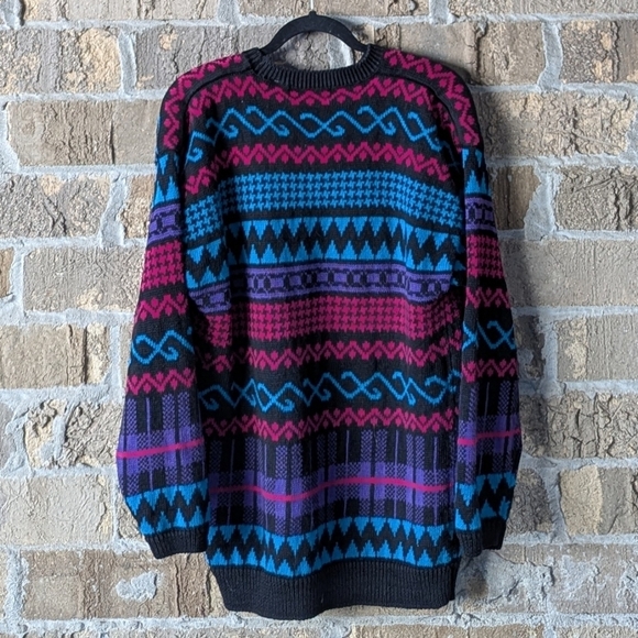 VTG 80s Persuasion Mixed Pattern Crew Neck Tunic Sweater Small Oversized Black - Picture 5 of 6